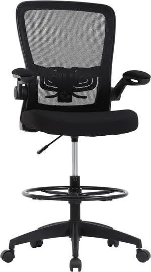 Drafting Chair Tall Office Chair Adjustable Height with Lumbar Support Flip Up Arms Footrest Mid Back Task Mesh Desk Chair Computer Chair Drafting Stool for Standing Desk (B-Black)