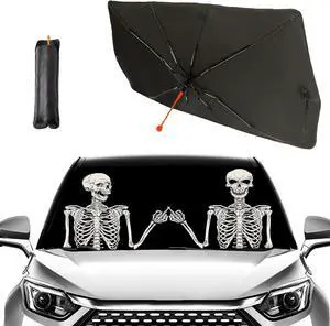 Socira Funny Skull Car Sun Shade Windshield Sunshade Umbrella Foldable Gothic Umbrella Sun Shade Sunshade Front Window Cover Skull Car Accessories Blocks Uv Rays 57" X 30"