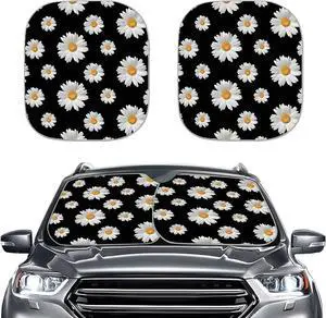 Fashion Daisy Windshield Sun Shade, Flower Designs Auto Car Truck SUV Vehicle Universal-fit Front Windshield Sunshade Pack of 2 Car Front Sun Visor