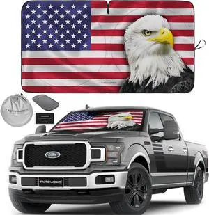 Autoamerics Truck Windshield Sun Shade with Storage Pouch & Anti-Slip Dash Pad - Foldable American Eagle Flag Design - Fits Most SUVs & Trucks - Blocks UV Rays, Keeps Car Cool | X-Large (66 x 36 in)