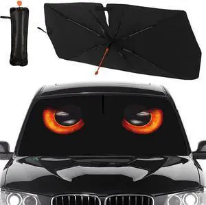 Car Windshield Sun Shade Umbrella, Black Eyes Windshield Sunshades with 360° Rotation Bendable Handle, Foldable Automotive Windshield Shades, Full Cover Sun Shade for Most Vehicles