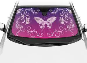 BDK Pink Butterfly Front Windshield Sunshade Accordion Folding Style Auto Shade for Cars Trucks SUVs Vans Blocks UV Rays Sun Visor Protector Easy Setup Keeps Your Vehicle Cool 58" x 27"