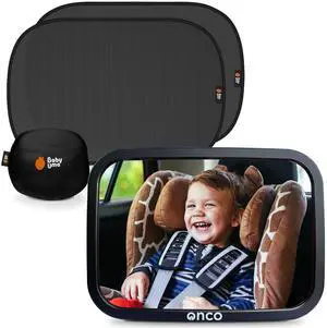 Onco Baby Car Mirror & Car Window Shades Bundle (18.9 × 12) - UPF 50+ Window Shade, 100% Shatter-Proof Car Mirror for Baby, Universal Shades & Mirror