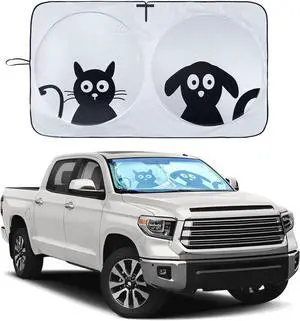 IC ICLOVER Car Windshield Sunshade with Pet Design, Cute Cartoon Design Front Auto Car Windshield Sun Shade Folding Silvering Sun Visor - UV Coating for UV Ray Deflector (Dog & Cat) -Large