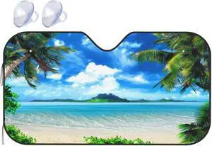 SUPLUCHOM Windshield Sun Shade Beach Palm Tree Blue Ocean Car Front Window Sunshade Blocker UV Visor Retractable Automotive Sunshades for Vehicle SUV Truck Protector