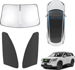 Karltys 3PCS Windshield Sun Shade for 2022-2025 Nissan Pathfinder, Front and Side Window Sunshade Custom Fit Pathfinder, Reflective Foldable Sun Visor Cover Protector Keep Your Car Cool