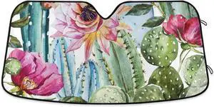 Cactus Floral Car Windshield Sun Shade Block UV Rays Sun Visor Protector Accordion Folding Sunshade Keep Vehicle Cool and Damage Free, Easy to Use, Fits Windshields of Various Sizes