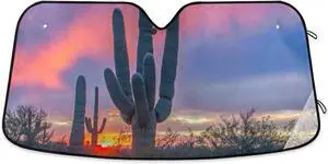 Cactus Sunset Arizona Desert Car Windshield Sun Shade Block UV Rays Sun Visor Protector Accordion Folding Sunshade Keep Vehicle Cool&Damage Free, Easy to Use, Fits Windshields of Various Sizes