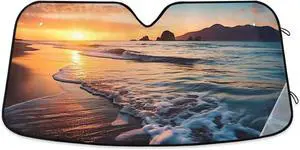 Qilmy Car Windshield Sunshade Automotive Sun Visor Protector Foldable for SUV Truck Front Window, Seacoast Seascape Sunset