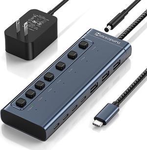 Minisopuru Powered USB Hub,7 IN1 Powered USB C Hub with 3 USBA 3.0 Data Ports and 4 USB C Data, Smart Charging for iPhone/iPad, USB Splitter with Individual On/Off Switches and 12V/3A Power Adapter