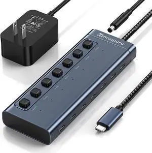 Minisopuru Powered USB C Hub, 7 in 1 USB C Splitter Support Fast Data & Fast Charging(Not Support Video), Individual On/Off Switches, and 36W Power Adapter for MacBook Pro/Air, iMac,iPad, Phone, etc.