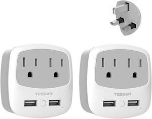 Canada to UK Plug Adapter 2 Pack, TESSAN UK Travel Plug Adapter with 2 Outlets 2 USB Charger, Type G Universal Power Adapter for CA/US to Ireland England London Scotland British Dubai Kenya Hong Kong