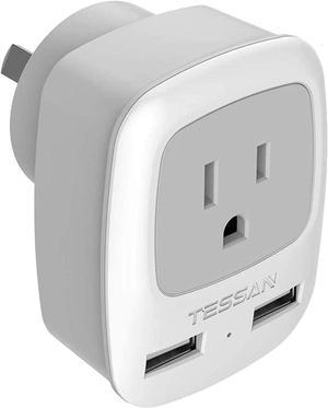 Australia New Zealand China Travel Plug Adapter TESSAN International Power Adaptor 3 in 1 Grounded Outlet Adapter with 2 USB Ports for CanadaUSA to Fiji Argentina Type I