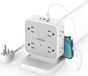 Tower Power Bar with Surge Protector, Flat Plug Extension Cord 5 Feet, 8 Widely Spaced AC Outlets, 3 USB Ports (1 USB C), TESSAN Power Strip Multi-Plug Desk Charging Station, Dorm Room Essentials