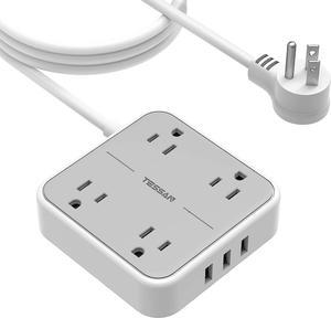 Long Extension Cord Indoor, 10ft Flat Plug Power Bar with USB, 4 Widely Spaced Outlets 3 USB Charging Station, Compact Wall Mountable Power Strip for Cruise Ship Home Office Dorm Room Essentials