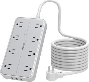 15ft Flat Plug Extension Cord Indoor, Surge Protector Power Bar with 3 USB Ports, TESSAN Power Strip with 8 Widely Spaced Multi-Plug Outlets, Wall Mount Desktop for Home Office Dorm Room Essentials