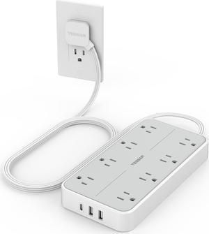 TESSAN Flat Plug Power Bars with Surge Protector, 6 FT Extension Cord Indoor with 8 Multiple Outlets and 3 USB(1 USB C), 1080 Joules Wall Mountable Charging Station for Home Office School Dorm Room