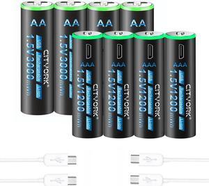 CITYORK USB 4 Pack 1.5V AA 3000mWh and 4 Pack 1.5V AAA 1200mWh Lion Rechargeable Battery, Constant Output and Fast Charging