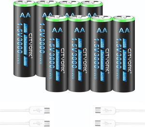 CITYORK USB 1.5V 8 Pack AA 3000mWh Lithium Rechargeable Battery  with TYPE-C Fast Charging