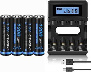 CITYORK 4 Pack 1.5v AAA 1200mWh Lithium Rechargeable Batteries with Fast Battery Charger