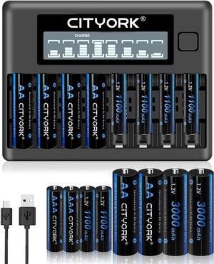 CITYORK 8 Pack AA 3000mAh with 8 Pack AAA1100mAh 1.2V Ni-MH Rechargeable Batteries with Battery Case with 8 Bay AA AAA LCD Smart 1.2v NiMH/NiCd Charger