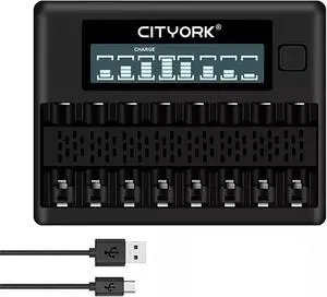 CITYORK LCD Smart Quick Charger 8 Slots - Compatible with AA AAA NiMH/NiCd Battery - Charging, Discharge, Refresh and Voltage Test Functions