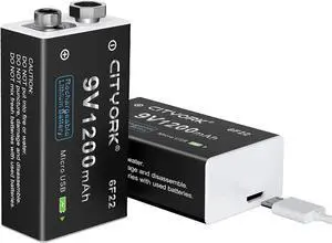 CITYORK 9V Battery 1200mAh PP3/MN1604/6F22/6LR61 USB Lithium Battery, with Micro USB Charging Port, Suitable for Smoke Alarms, Gas Stove, Guitar, Keyboard