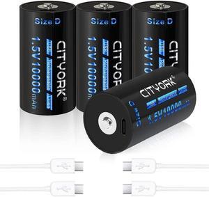 CITYORK 4 Pack Constant 1.5V Rechargeable D Batteries USB 15000 mWh D Cell Li-ion Batteries