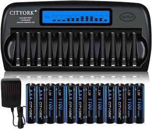 CITYORK 16 Packs Rechargeable AAA Batteries 1100mAh with 16 Bay LCD Smart Battery Charger,AA/AAA NiMH/NiCd Rechargeable Batteries Charger