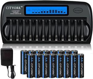 CITYORK 16 Packs Rechargeable AA Batteries 3000mAh with 16 Bay LCD Smart Battery Charger,AA/AAA NiMH/NiCd Rechargeable Batteries Charger