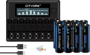 CITYORK 8 Pack AA 3000mAh Ni-MH Rechargeable Batteries with 8 Slot Battery Charger