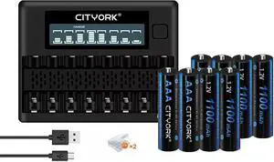 CITYORK 8 Pack AAA 1100mAh Ni-MH Rechargeable Batteries with 8 Slot Battery Charger