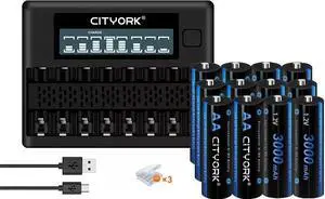 CITYORK 12 Pack AA 3000mAh Ni-MH Rechargeable Batteries with 8 Slot Battery Charger