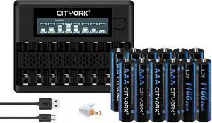 CITYORK 12 Pack AAA 1100mAh Ni-MH Rechargeable Batteries with 8 Slot Battery Charger