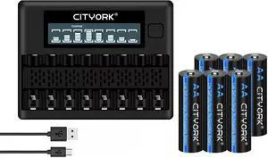 CITYORK 6 Pack AA 3000mAh Ni-MH Rechargeable Batteries with 8 Slot Battery Charger