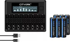 CITYORK 6 Pack AAA 1100mAh Ni-MH Rechargeable Batteries with 8 Slot Battery Charger