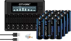 CITYORK 16 Pack AA 3000mAh Ni-MH Rechargeable Batteries with 8 Slot Battery Charger