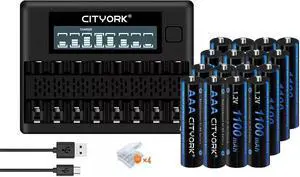 CITYORK 16 Pack AAA 1100mAh Ni-MH Rechargeable Batteries with 8 Slot Battery Charger
