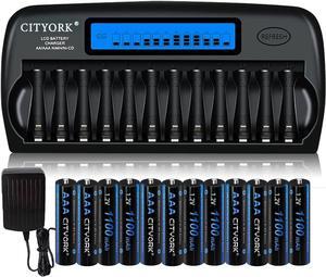 CITYORK AAA Rechargeable Battery with Charger, 12 Pack AAA 1100mAh Ni-MH Rechargeable Batteries 1.2V with 12 Slot AA AAA LCD Display Battery Charger