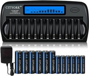 CITYORK 12 Bay LCD Smart Charger with AA AAA Rechargeable Battery, 6 Pack AA 3000mAh Rechargeable Battery with 6 Pack 1.2V Ni-MH AAA1100mAh Rechargeable Batteries