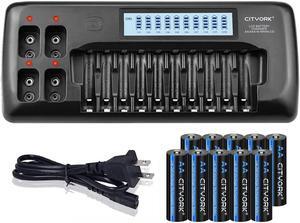 CITYORK 10 Pack 1.2V AA 3000mAh rechargeable battery with 10 Bay Smart LCD Universal Battery Charger for Rechargeable AA AAA NIMH/NICD & 4 bay for 9V NIMH/NICD/Lion Rechargeable Batteries
