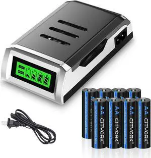 CITYORK 4 Bay LCD Smart Charger with AA AAA Rechargeable Battery, 8 Pack AA 3000mAh Rechargeable Battery