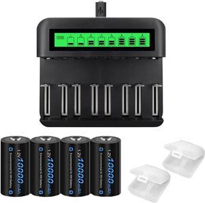 CITYORK 4 Pack 10000mAh Ni-MH Rechargeable D Size Batteries with 8 Bay 1.2v AA AAA C D LCD Universal Battery Charger