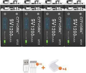CITYORK 8 Pack 9V Battery 1200mAh PP3/MN1604/6F22/6LR61 USB Lithium Battery, with Micro USB Charging Port, Suitable for Smoke Alarms, Gas Stove, Guitar, Keyboard