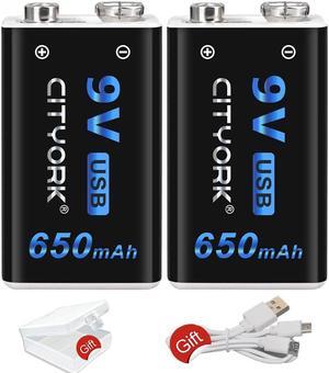 CITYORK USB Rechargeable 9V Li-ion Batteries (2 Pack)- 650mAh Long Lasting Lithium Batteries with Micro Charging Cable