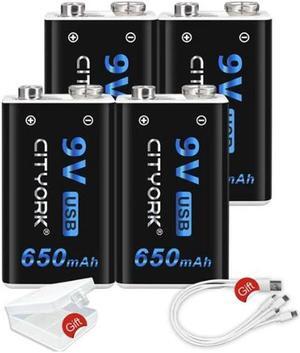 CITYORK USB Rechargeable 9V Li-ion Batteries (4 Pack)- 650mAh Long Lasting Lithium Batteries with Micro Charging Cable
