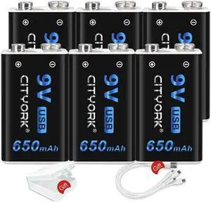 CITYORK USB Rechargeable 9V Li-ion Batteries (6 Pack)- 650mAh Long Lasting Lithium Batteries with Micro Charging Cable