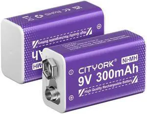 CITYORK 2 Pack 9V 6F22 Rechargeable Batteries 9 Volts Ni-MH 300mAh Low Self-discharged