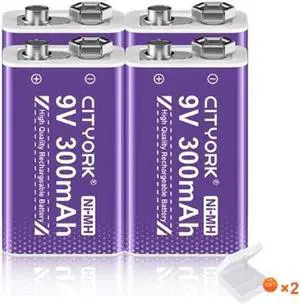 CITYORK 4 Pack 9V 6F22 Rechargeable Batteries 9 Volts Ni-MH 300mAh Low Self-discharged