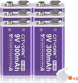 CITYORK 6 Pack 9V 6F22 Rechargeable Batteries 9 Volts Ni-MH 300mAh Low Self-discharged